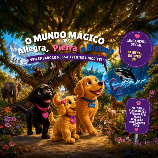 Allegra, Pietra e Biscuit reunidos em torno de um livro mágico